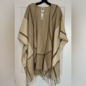 WOOLRICH Women's Wrap SHAWL Cape Poncho Tan Plaid Fringe ONE SIZE NEW 1456